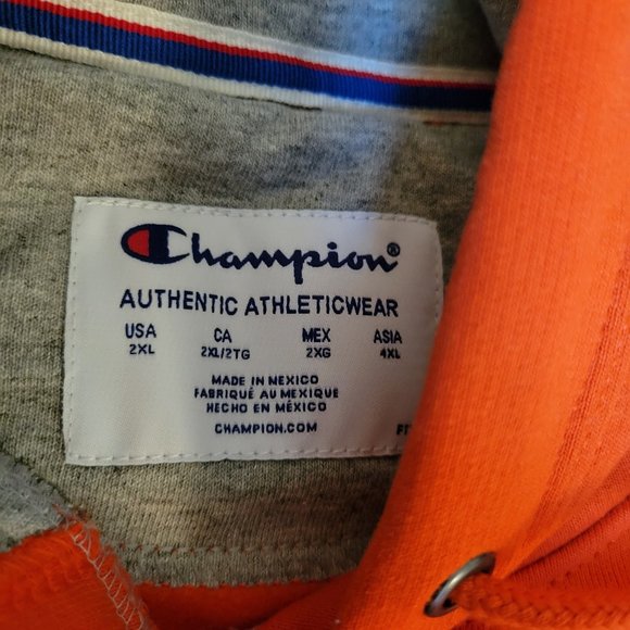 Champion Powerblend Fleece Camo Camouflage Orange Hoodie Sweatshirt Script Logo - Picture 15 of 15